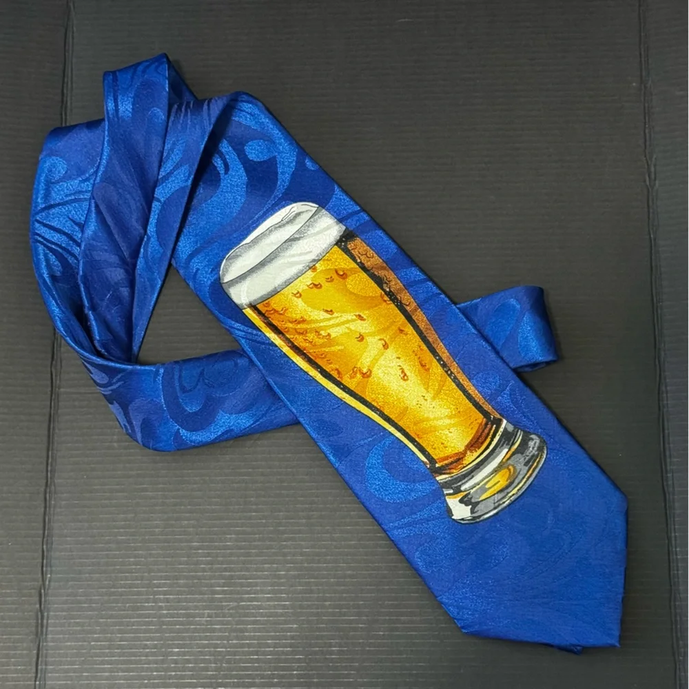 Pre-Loved Gold City Hand Made Novelty Blue Neck Tie with Beer Glass Design